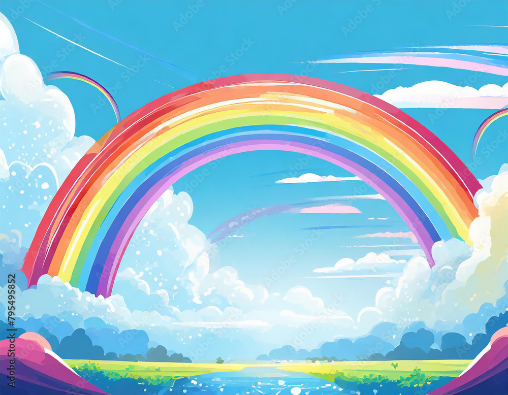 Anime-style illustration of a beautiful rainbow in the blue sky Anime-style illustration of a beautiful rainbow in the blue sky