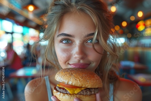 An attractive woman smiling while gently holding a hamburger  with a warm and engaging look in her eyes