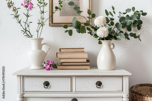 Side view of white classic chest of drawers with books, home decor and flowers in ceramic vases in bedroom interior. Living room with commode against white wall backgrounds