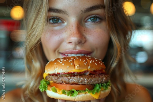 Close-up of a woman holding a cheeseburger  focus on her beautiful eyes and the burger