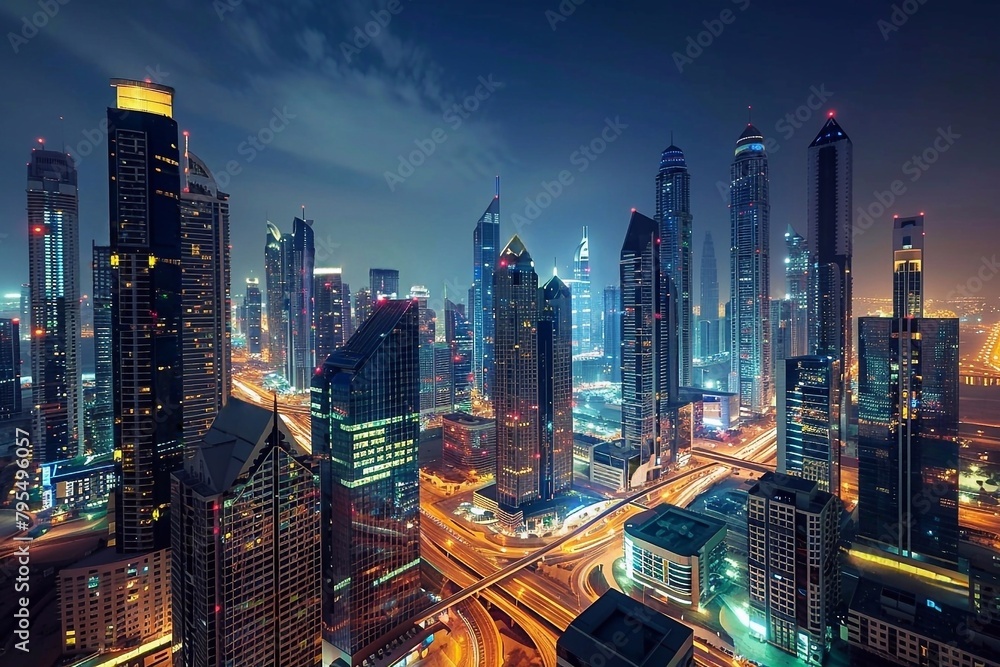 Fototapeta premium Aerial view of a modern night city with lights, buildings and skyscrapers. Trade Zone of the modern city night