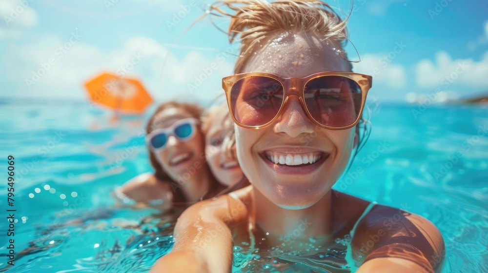 Fototapeta premium Playful underwater selfie featuring friends at a tropical location, symbolizing adventure, connection, and aquatic leisure
