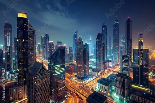 Aerial view of a modern night city with lights, buildings and skyscrapers. Trade Zone of the modern city night © Oleh