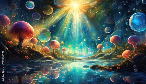 Beautiful bubbles background with light shining into the water