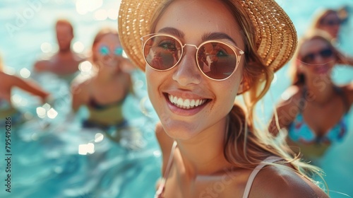 Smiling young lady with trendy sunglasses relaxing in a sparkling turquoise pool