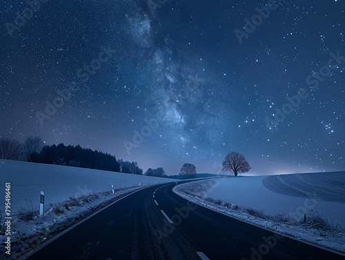 The starry sky is full of stars, and the Milky Way stretches across it. The winding road leads to an unknown destination. 