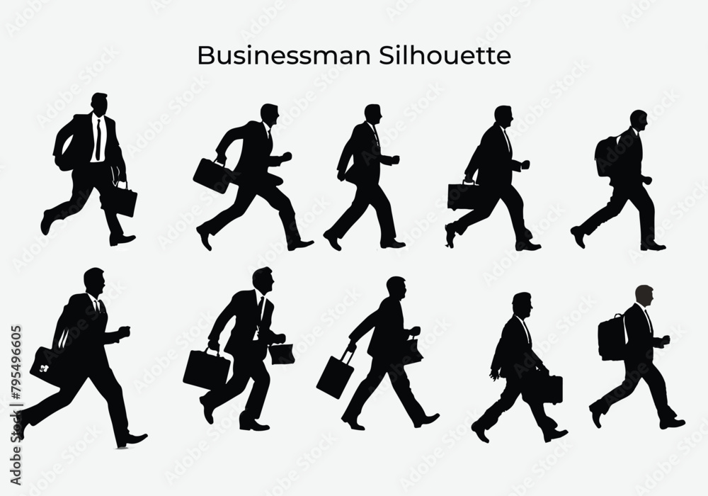 Businessman wearing suit with a bag running silhouette isolate in  white Background Vector illustration.