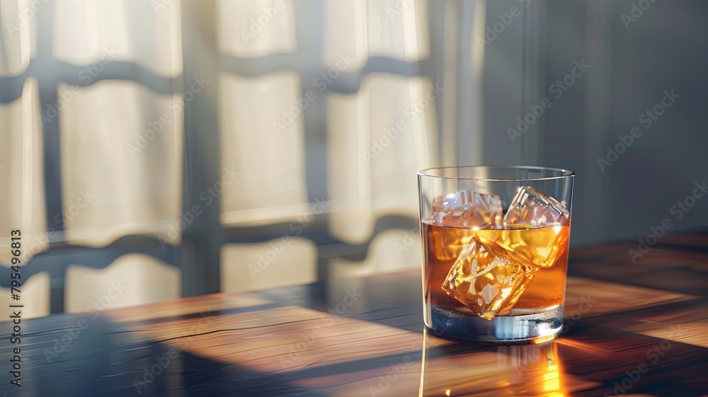 Classic Whiskey on the Rocks in Sunlit Room with Shadows Classic Whiskey on the Rocks in Sunlit Room with Shadows