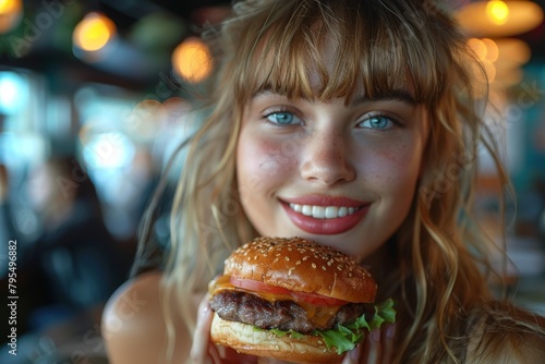A close-up of a young woman with beautiful eyes and playful smile  sensually holding a juicy burger in front of her
