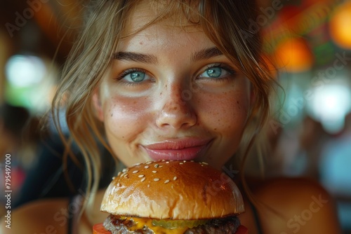 Enigmatic young woman with a mysterious smile poses with a burger  her clear blue eyes and freckles in focus
