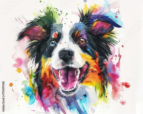 Collie with a joyful expression, bright watercolors on a white backdrop © FoxGrafy