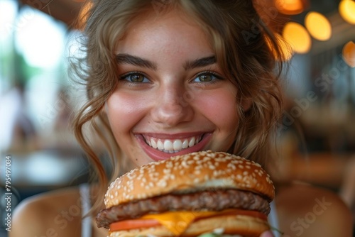 Young smiling woman poses with a juicy cheeseburger  close-up and vibrant