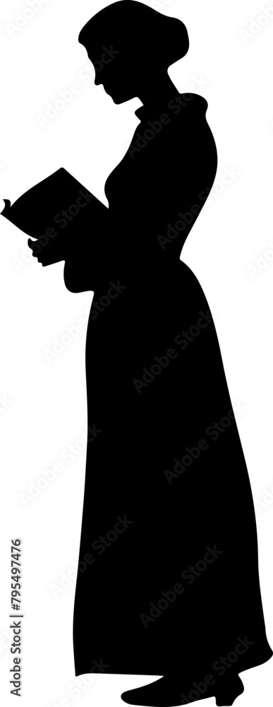 A classic silhouette of a Victorian lady reading a book, ideal for historical and literary contexts