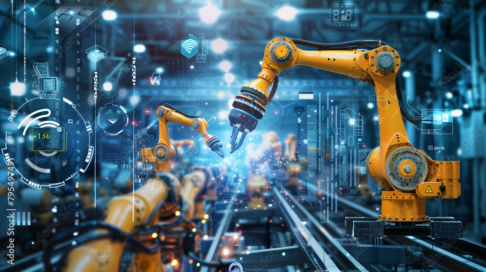Smart industry robot arms for digital factory production technology showing automation manufacturing process of the Industry 4.0 or 4th industrial revolution and IOT software to control operation Smart industry robot arms for digital factory production technology showing automation manufacturing process of the Industry 4.0 or 4th industrial revolution and IOT software to control operation