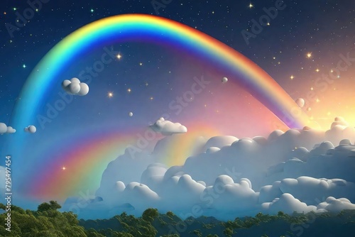 3d rendered cartoon rainbow, clouds, and stars sky at night.  © Zoraiz