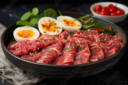 Plate of Raw Meat With Hard Boiled Eggs