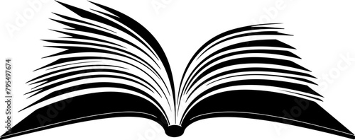 Silhouette of an open book with fluttering pages, symbolizing literature, education, and the joy of reading, suitable for literary and educational graphics.

