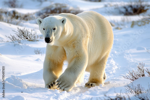 A polar bear strides confidently across the frozen tundra. photo