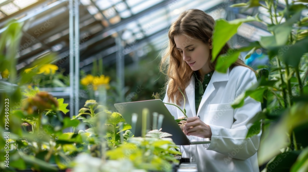 Scientist Using Laptop in Greenhouse Scientist Using Laptop in Greenhouse