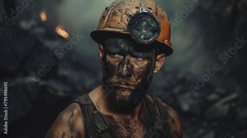 Dirty miner with helmet working in a coal mine during the day in high resolution and high quality