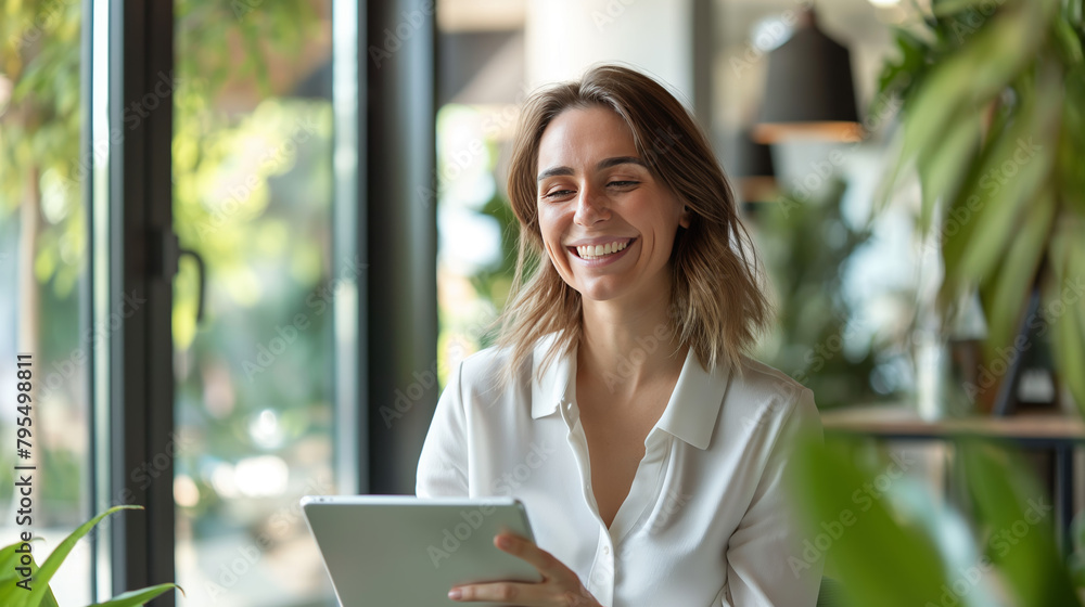 Fototapeta premium An attractive woman enjoys using a tablet in a well-lit, cozy café setting
