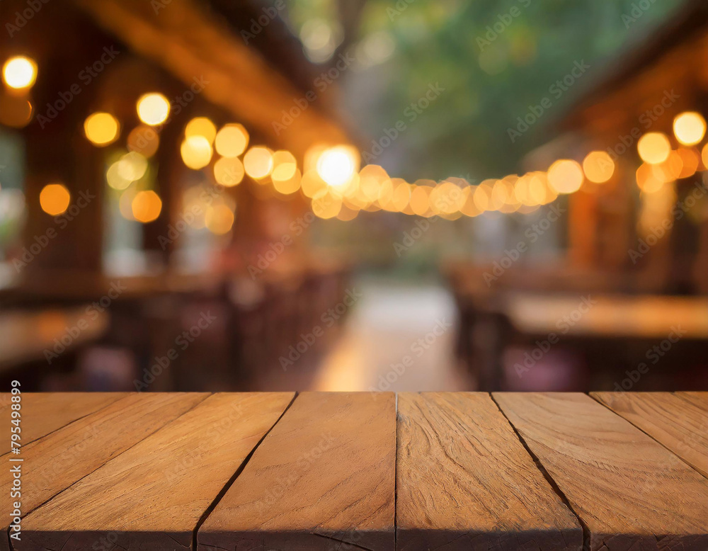 Empty brown wooden table and blur background of resturant lights can be used for montage or display your products with copy space business concept Empty brown wooden table and blur background of resturant lights can be used for montage or display your products with copy space business concept