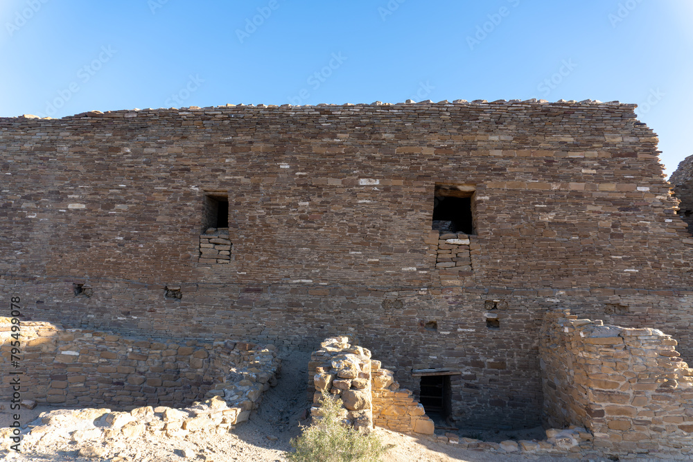 Pueblo del Arroyo great house at Chaco Culture National Historical Park in New Mexico. Chaco Canyon was a major Ancestral Puebloan culture center and has many pueblos. 