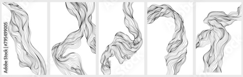 Hand drawn set of monochrome hand drawn curly hair design elements. Smoke or wavy hair design elements collection.