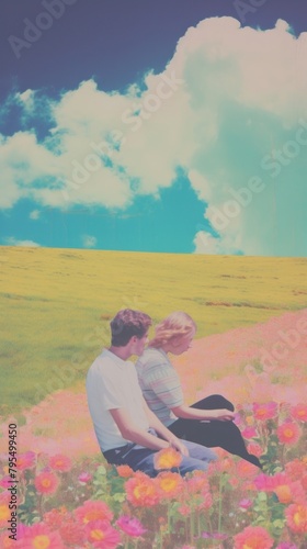 Couple love sitting in the meadow landscape outdoors flower.