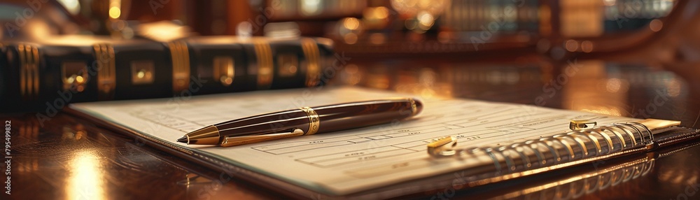 Fototapeta premium Closeup of a luxury executive pen and leatherbound planner on a polished mahogany desk, symbolizing corporate planning and success