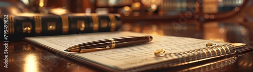 Closeup of a luxury executive pen and leatherbound planner on a polished mahogany desk, symbolizing corporate planning and success photo