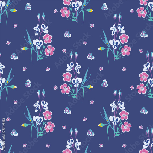 Vector seamless floral pattern on a blue background, a bouquet of small blue-lilac flowers and pink wild carnations in pastel light colors, pattern for design of fabric
