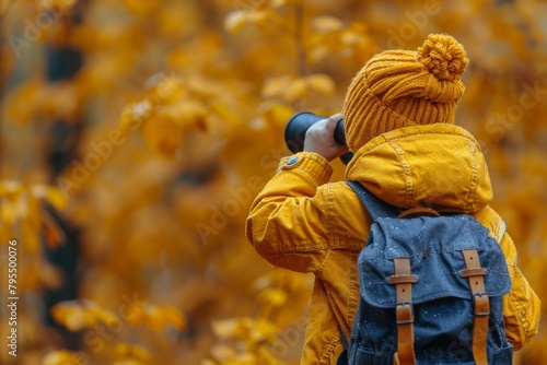 A child in a bright yellow jacket focuses on taking photos amidst a beautiful autumn backdrop with falling leaves