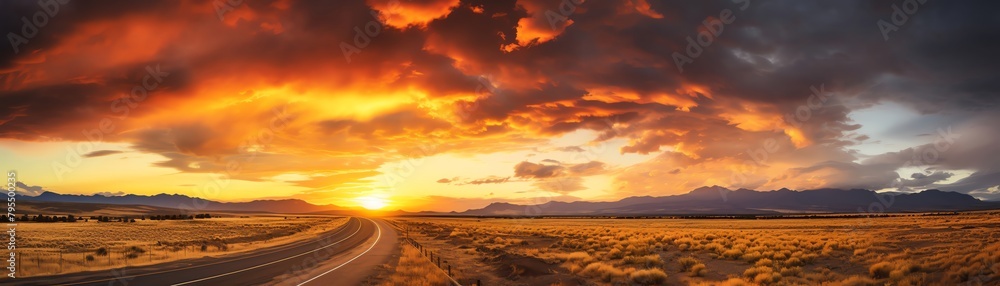 Sunset rays piercing through storm clouds, deserted highway leading into distance, poststorm, dramatic and hopeful, wideangle shot, avoid vehicles