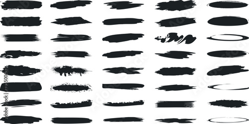 Black brush strokes collection on white background  artistic design elements. Bold  thin  delicate strokes  circular shapes  splatters  random brush shape arrangement