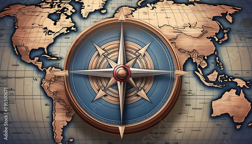 illustration of ancient compass on old vintage world map banner background
