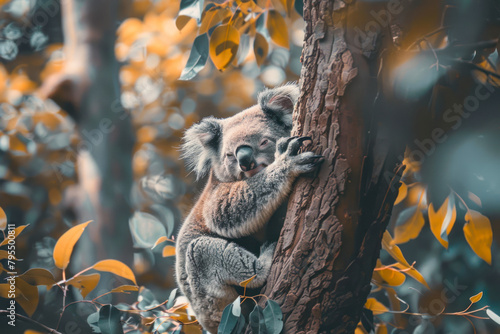 A koala clings sleepily to the trunk of a eucalyptus tree. photo