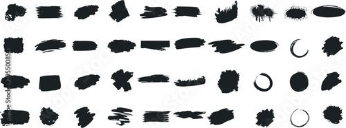 Black brush strokes collection, abstract brushstroke shapes on white background, grunge style elements, artistic design, ink smear variety