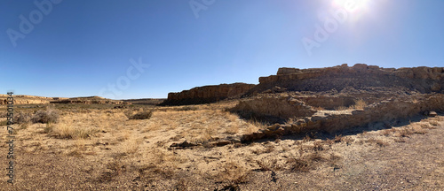 Casa Rinconada village pueblo ruin, an Ancestral Puebloan archaeological site at Chaco Culture National Historical Park in New Mexico. Chaco Canyon was a major Ancestral Puebloan culture center.  photo