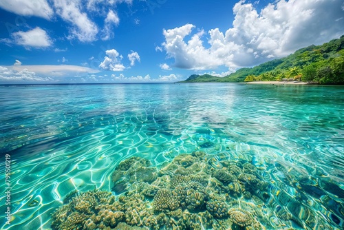 Crystal-clear water of a tropical lagoon with colorful coral reefs below