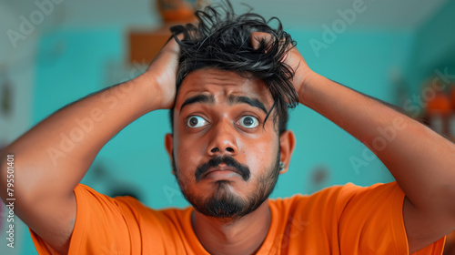 A Bangladeshi man with glasses and a mustache is looking at the camera with a surprised expression. Concept of curiosity and intrigue. a 32 year old Bangladeshi man looking confused