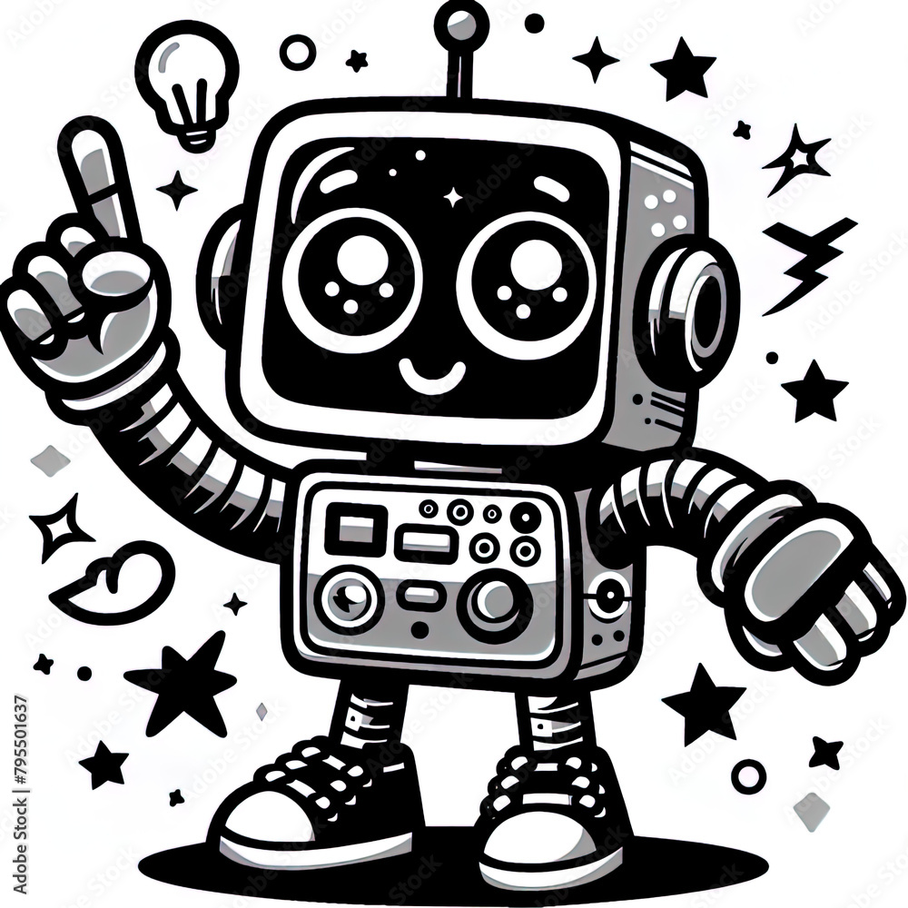 Fototapeta premium Ein schwarz weiß Vektor Bild eines kleinen süßen Roboters