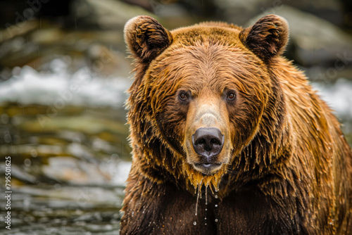 A grizzly bear fishes for salmon in a rushing river.