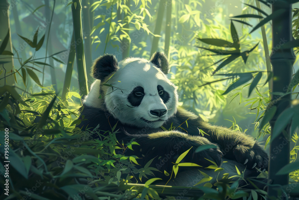 A giant panda lounges lazily in a bamboo forest. A giant panda lounges lazily in a bamboo forest.