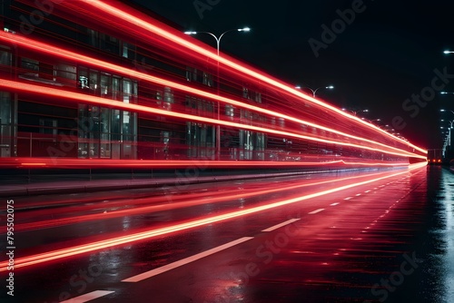 A busy city street at night with streak of red light