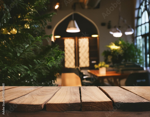 Real wood table top texture on dark room interior design backgroundFor create product display or design key visual layout photo