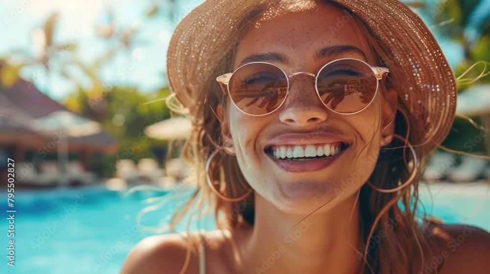 A beautiful young woman wears stylish sunglasses and a straw hat, with a resort pool in the background A beautiful young woman wears stylish sunglasses and a straw hat, with a resort pool in the background
