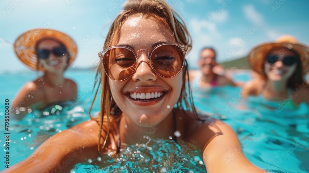 Excited girl with friends taking a group selfie in ocean waters under a clear blue sky Excited girl with friends taking a group selfie in ocean waters under a clear blue sky