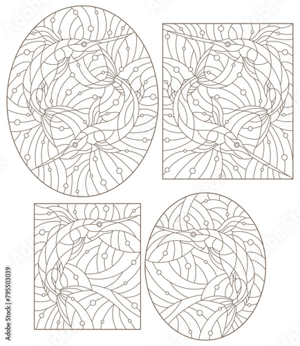 Set of contour illustrations of stained glass Windows with fish, fish sailboat and fish sword, dark contours on white background