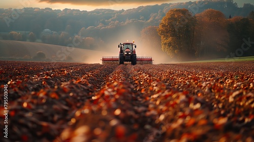 Beautiful agricultural land in Belgium. A farmer plows his field with his tractor 